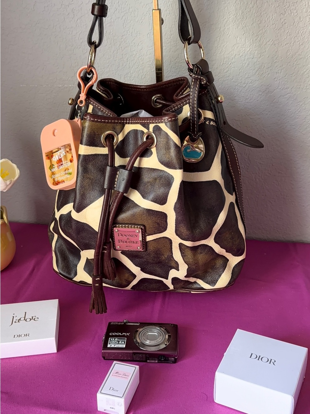 Dooney & Bourke Brown and Cream Giraffe-Print Drawstring Bucket Bag - Picture 3 of 10